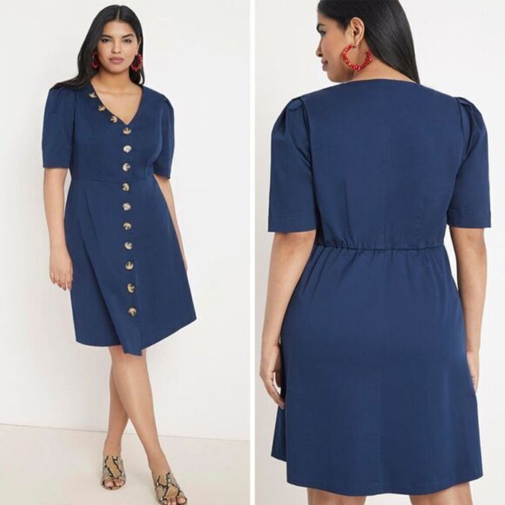 Eloquii Button Front A-Line Dress, navy blue, 16